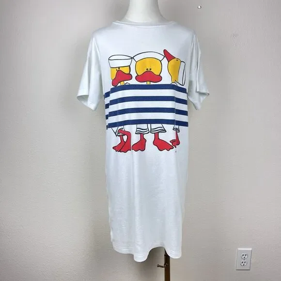Vintage BJ Frog Sleep Shirt Womens Medium 80s Ducks Sailor Nautical Stripe Retro - Picture 1 of 11
